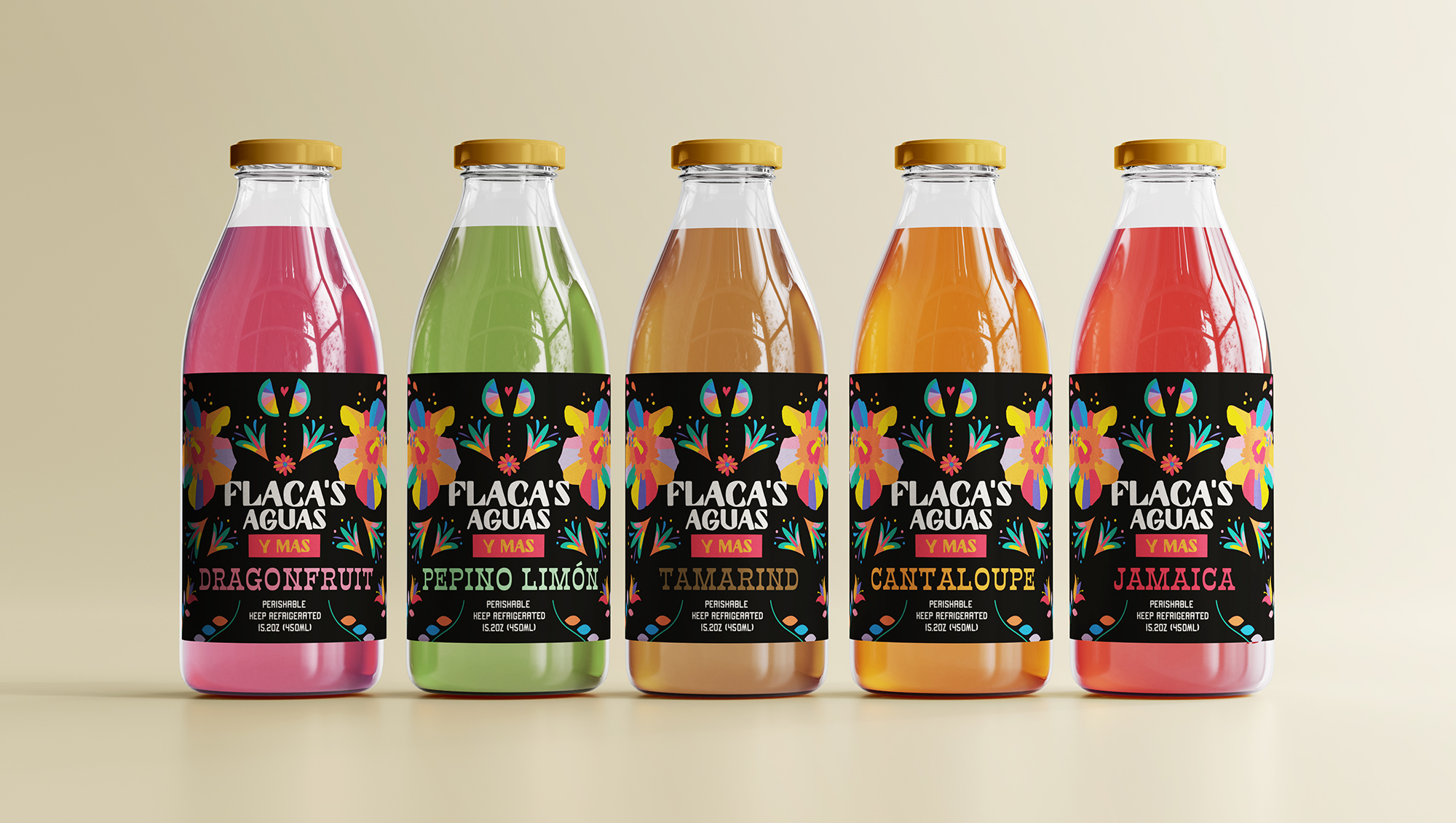 Flaca's Aguas bottle design featuring colorful flowers and fruits on a black background with text describing each drink to match the color of the liquid inside, by Austin branding agency Recspec.